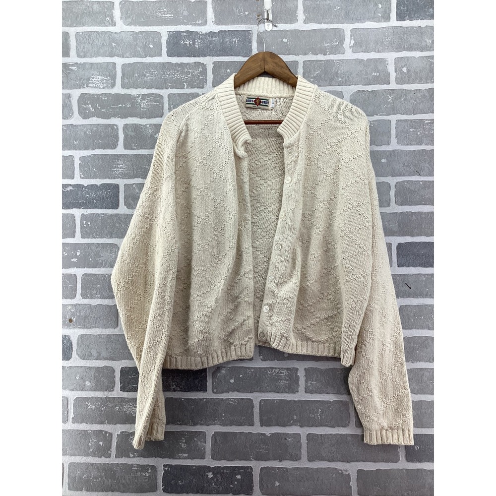 Vintage Lions Pride Cream Diamond Knit Cardigan Sweater Womens Large Made in USA